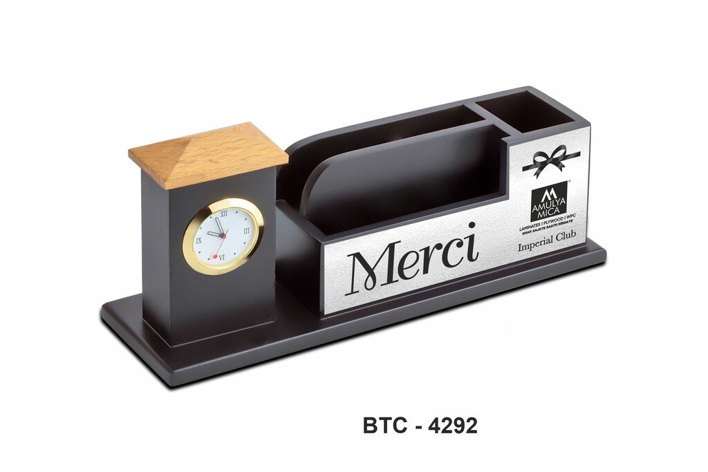 BTC 4292 WOODEN DESK ORGANIZER WITH CLOCK